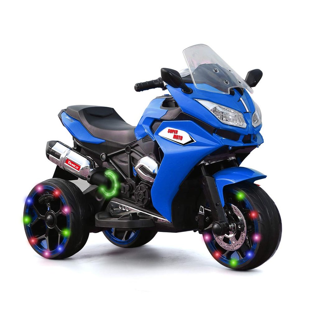 12V Kids Ride On Motorcycle - 3-Wheel Electric Motorcycle for Boys & Girls with LED Lights, MP3, and Safe Design - Gift for 3-8 Years Old (Blue+ Plastic+ 50-99 pounds)