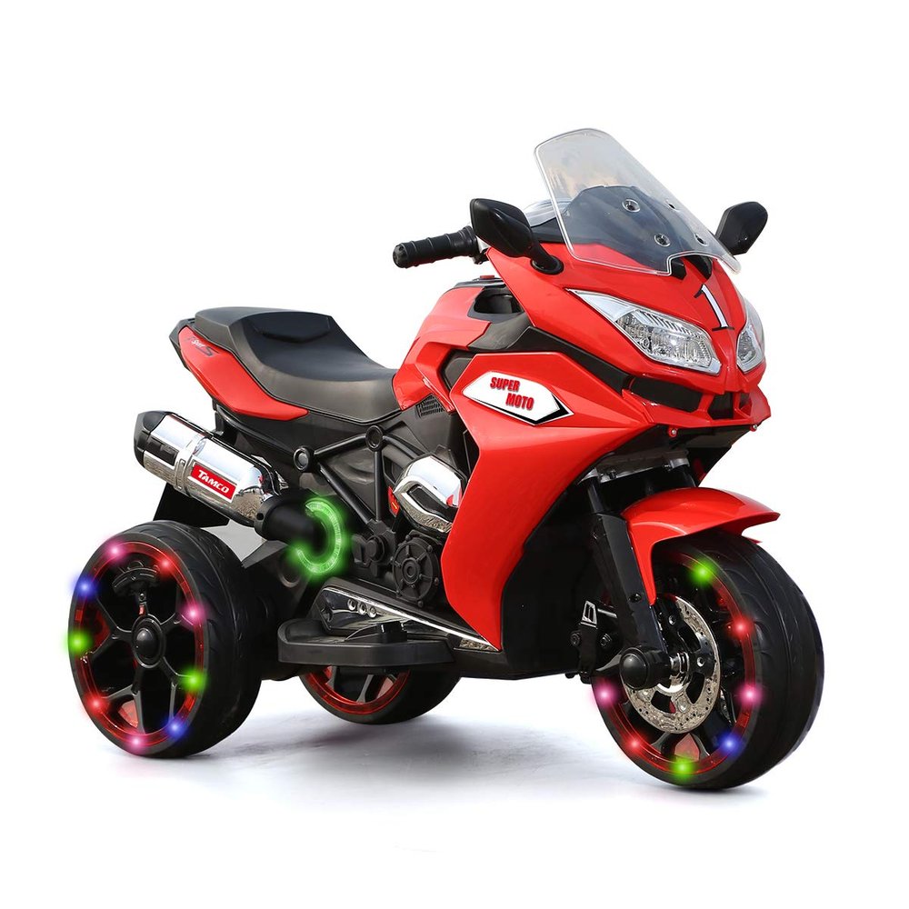 12V Kids Ride On Motorcycle - 3-Wheel Electric Motorcycle for Boys & Girls with LED Lights, MP3, and Safe Design - Gift for 3-8 Years Old (Red+ Plastic+ 50-99 pounds)
