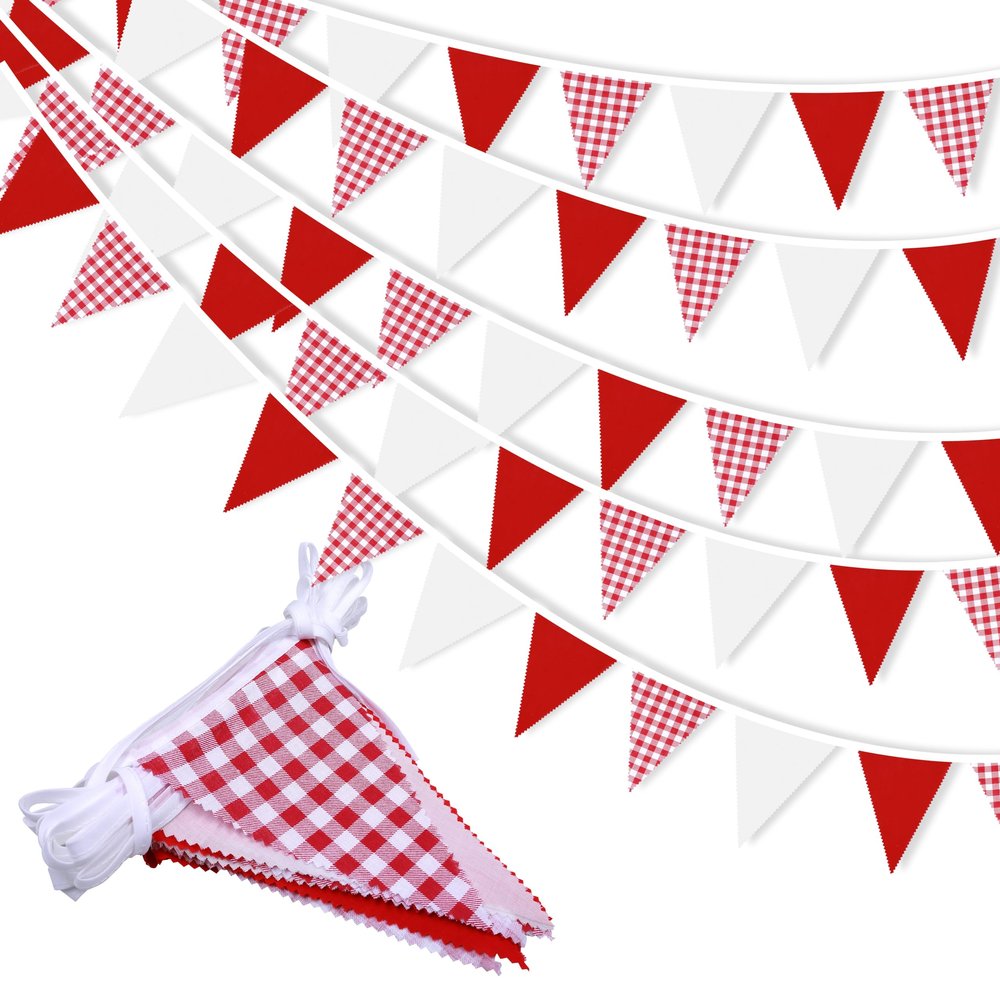 33 ft Red Plaid Checkered White Pennant Banner,Flag Triangle Bunting Garland Decor,Hanging Triangle Banner,for Betrothal Day, Wedding,Birthday,Baby Shower,Graduation,Christmas(White Red Plaid Banner)