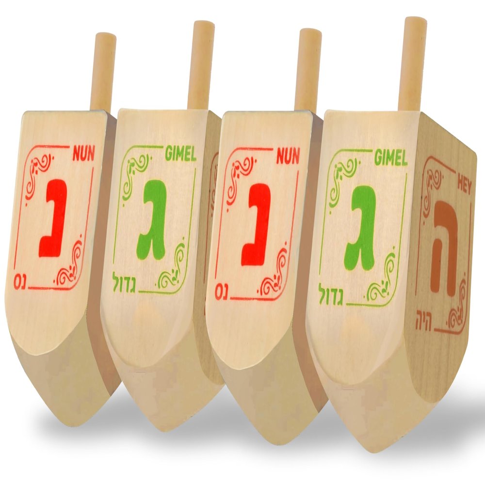 Hanukkah Dreidels - Extra Large Natural Wooden Dreidel - 4 Pack