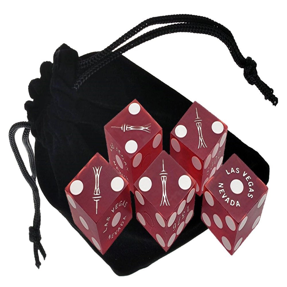 Genuine Las Vegas Casino Craps Dice Sets - Wide Selection of Full Sticks with (5) Matching Serial Numbers for Collectors & Particular Dice Shooters + Pouch (Stratosphere - Red Frosted)