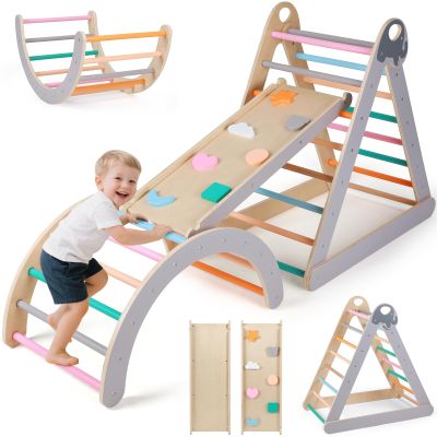 KIDINIX Upgraded Pikler Triangle Set, Reinforced with Montessori Climbing Setor Toddlers 1-6, Wooden Pickler Climbing Set with Ramp, Arch and Ladder, Indoor Playground Jungle Gyms, Rainbow