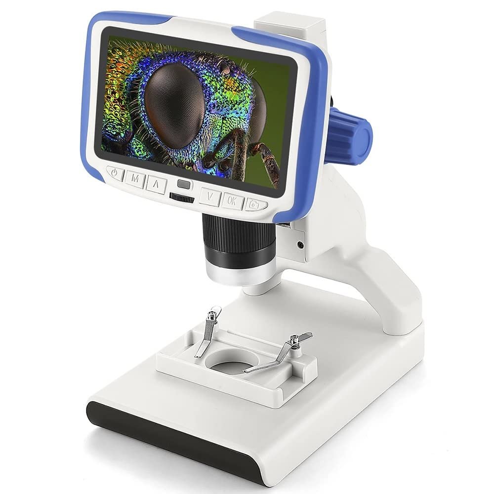 200X Magnification Digital Microscope, 1080P 30FPS Video Microscope, 5.0 Inch Screen, Adjustable LED Lights, Fit Use Soldering, Textiles, and Student Discovery, Kid(Blue)