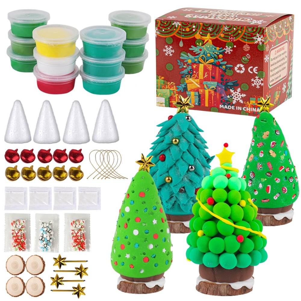 12Pack Christmas Trees DIY Crafts Kit - Air Dry Clay Christmas Crafts for Kids - Creative Air Dry Clay Modeling Indoor Decorations - Kids Christmas Trees Crafts Gift for School Winter Party Fun