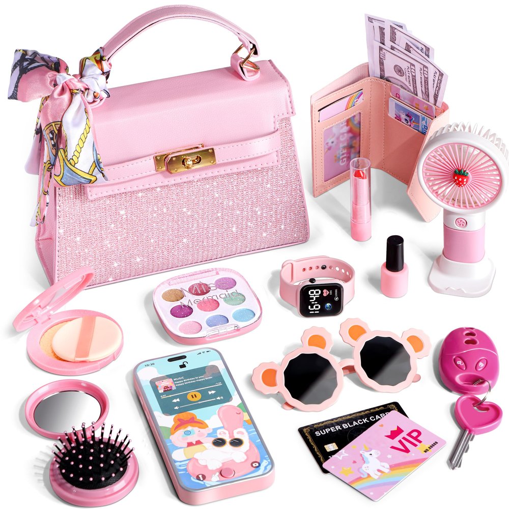 Little Girls Purse, 33PCS Toddler Purse with Pretend Makeup for Kids, My First Purse Set Includes Handbag, Phone, Wristwatch, Fans, Silk Scarf, Kids Play Purse for Girls Birthday Gift