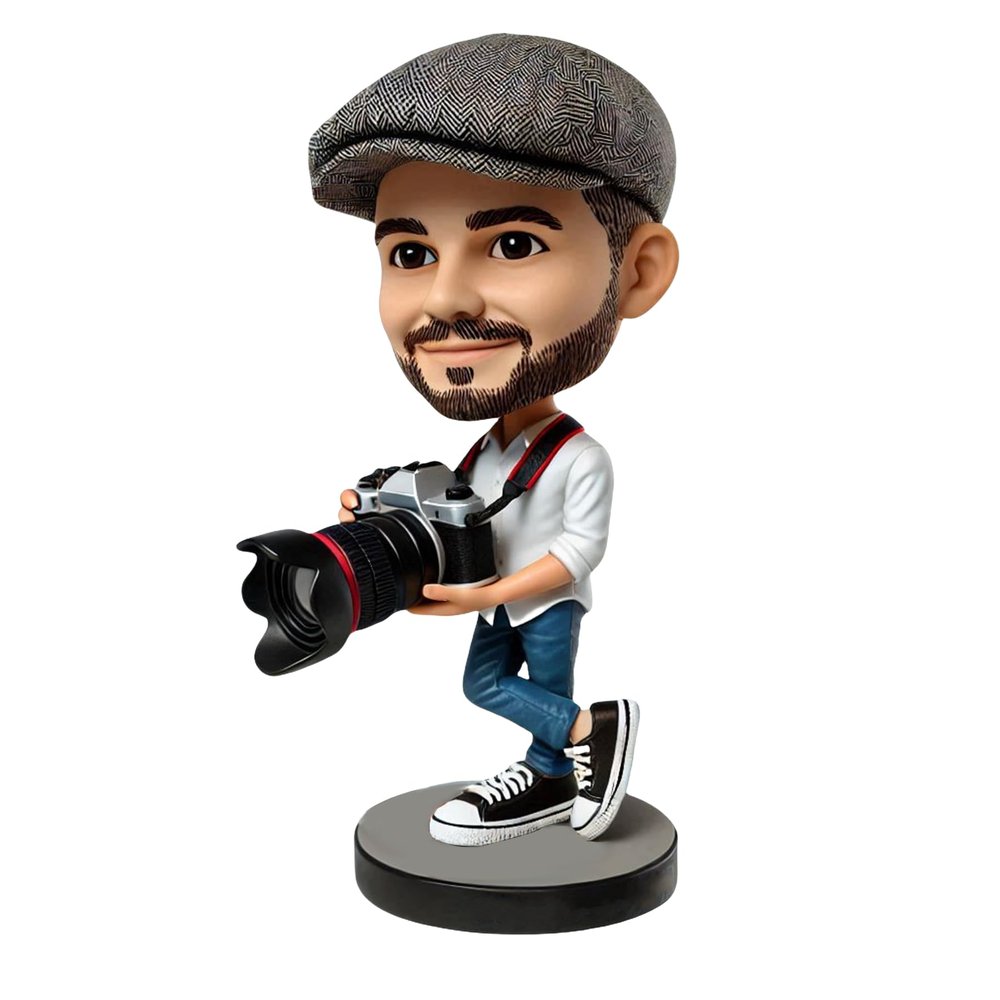 Adventure Photographer Bobblehead Custom Clay Figure Holding DSLR Camera for Travel Enthusiasts and Nature Lovers Birthday Graduation Memorial Keepsake