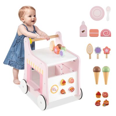 GLACER 8-in-1 Wooden Baby Walker, Storage Organizer & Montessori Activity Center with Ice Cream Shop Role-Play, Educational Push Toy with Adjustable Learning Games for Boys Girls 12+ Months (Pink)