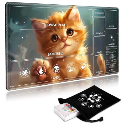 SichKards for MTG Playmat with Card Storage Bag,Non-Slip Rubber Base & Smooth Surface 24x14in,Beginner-Friendly Magic Mat for Commander Deck,Cute Little Orange Cat