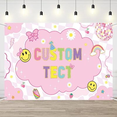 AIBIIN Preppy Birthday Custom Backdrop Coquette Smiling Face Personalized Banner Pink Disco Theme Party Decorations Cherry Rainbow Star Party Photo Props 7x5ft