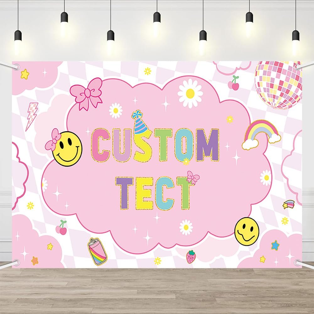 AIBIIN Preppy Birthday Custom Backdrop Coquette Smiling Face Personalized Banner Pink Disco Theme Party Decorations Cherry Rainbow Star Party Photo Props 7x5ft