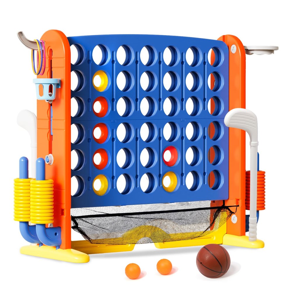 Ancaixin Giant 4 in-A-Row Connect Game Set, Adjustable Height Jumbo Yard Game with Basketball Hoop, Golf, Mesh Pocket & Ring Toss, Indoor Outdoor Family Backyard Party Game for Kids and Adults, Blue