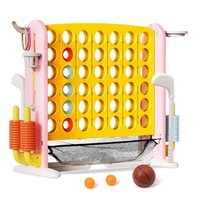 Ancaixin Giant 4 in-A-Row Connect Game Set, Adjustable Height Jumbo Yard Game with Basketball Hoop, Golf, Mesh Pocket & Ring Toss, Indoor Outdoor Family Backyard Party Game for Kids and Adults, Yellow