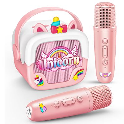 Mini Karaoke Machine for Kids Girls: Unicorn Portable Bluetooth Speakers with 2 Wireless Mic Easter Birthday Gifts for 5 6 7 8 9 10 11 Years Teen Toys for Girls Age 4-6 7 8 9 Basket Stuffers Pink