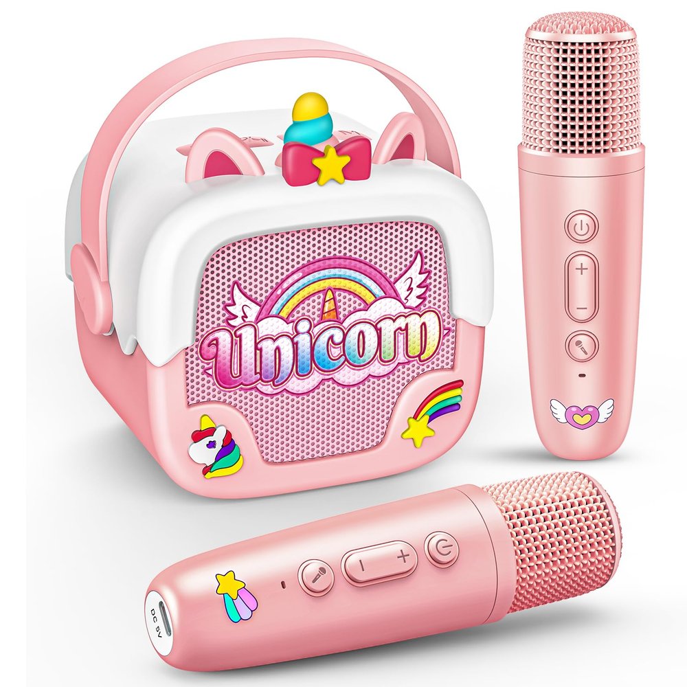 Mini Karaoke Machine for Kids Girls: Unicorn Portable Bluetooth Speakers with 2 Wireless Mic Easter Birthday Gifts for 5 6 7 8 9 10 11 Years Teen Toys for Girls Age 4-6 7 8 9 Basket Stuffers Pink