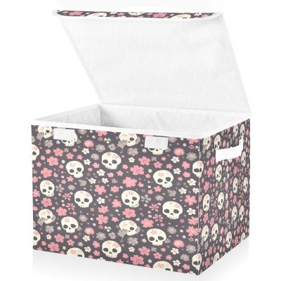 Kigai Rose Skull Storage Boxes with Lid & Handles Collapsible Stackable Storage Bins Decorative Fabric Closet Organizer Baby Basket for Bedroom Nursery Living Room Office