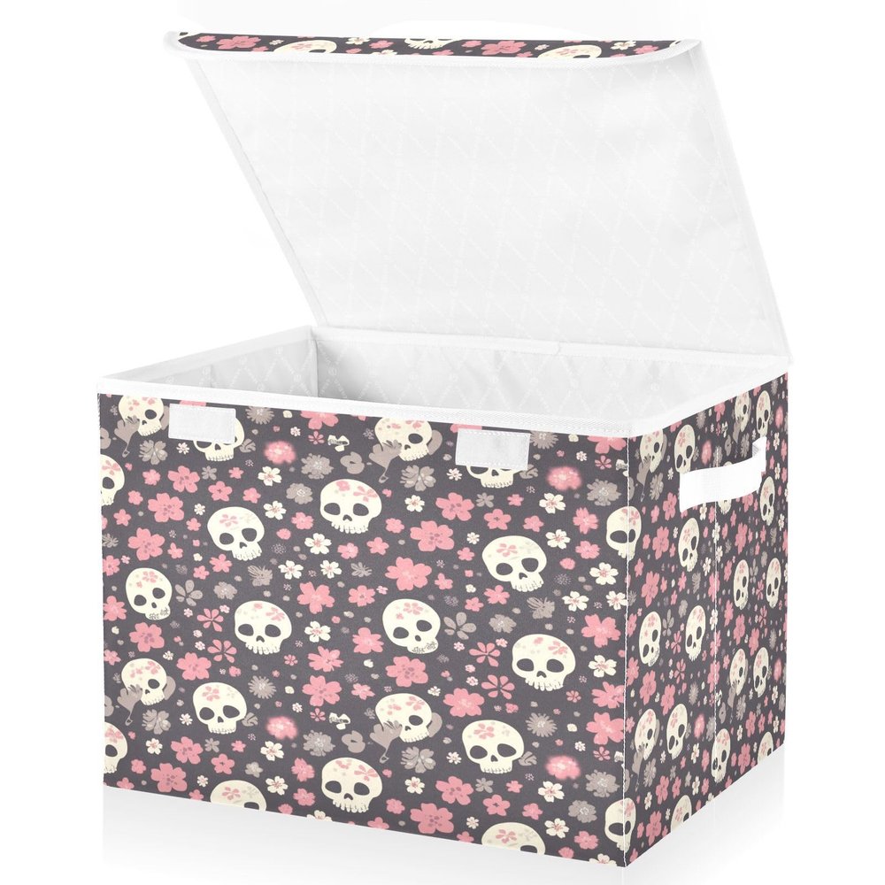 Kigai Rose Skull Storage Boxes with Lid & Handles Collapsible Stackable Storage Bins Decorative Fabric Closet Organizer Baby Basket for Bedroom Nursery Living Room Office