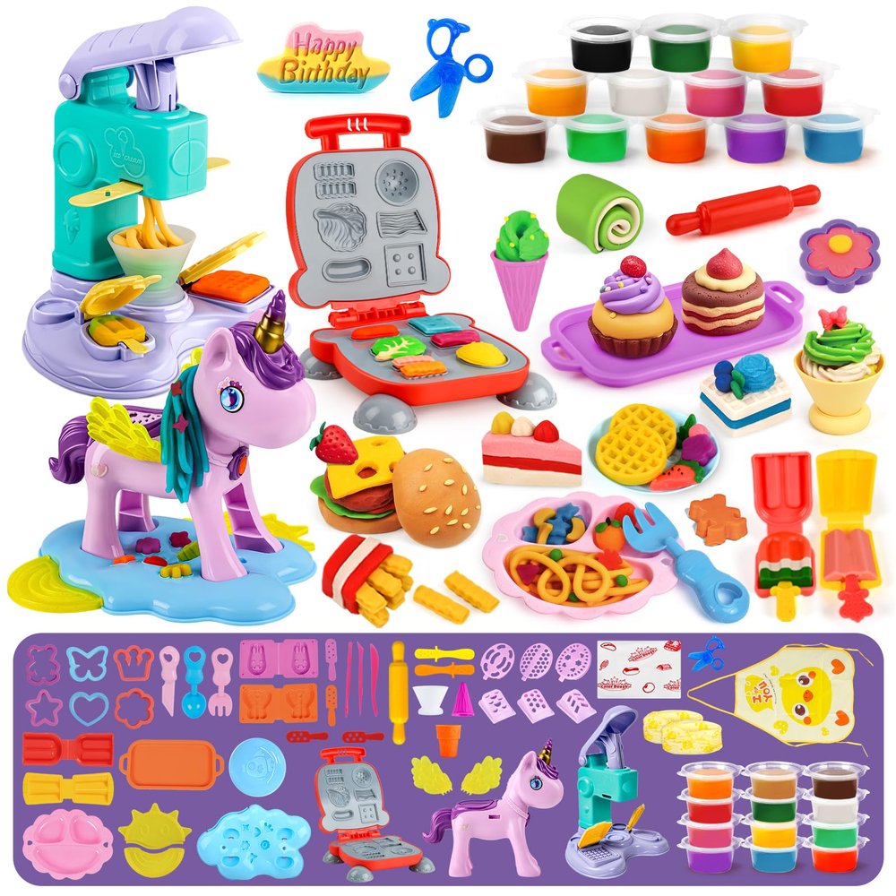 Aprilwolf 60 PCS 3 in 1 Dough Sets for Kids Ages 3-4-8, Art Crafts Dough Tools Kit, Unicorn Hair Stylist, Ice Cream Playset Hamburger Maker Machine, Kitchen Creations Food Play Toys Boys Girls