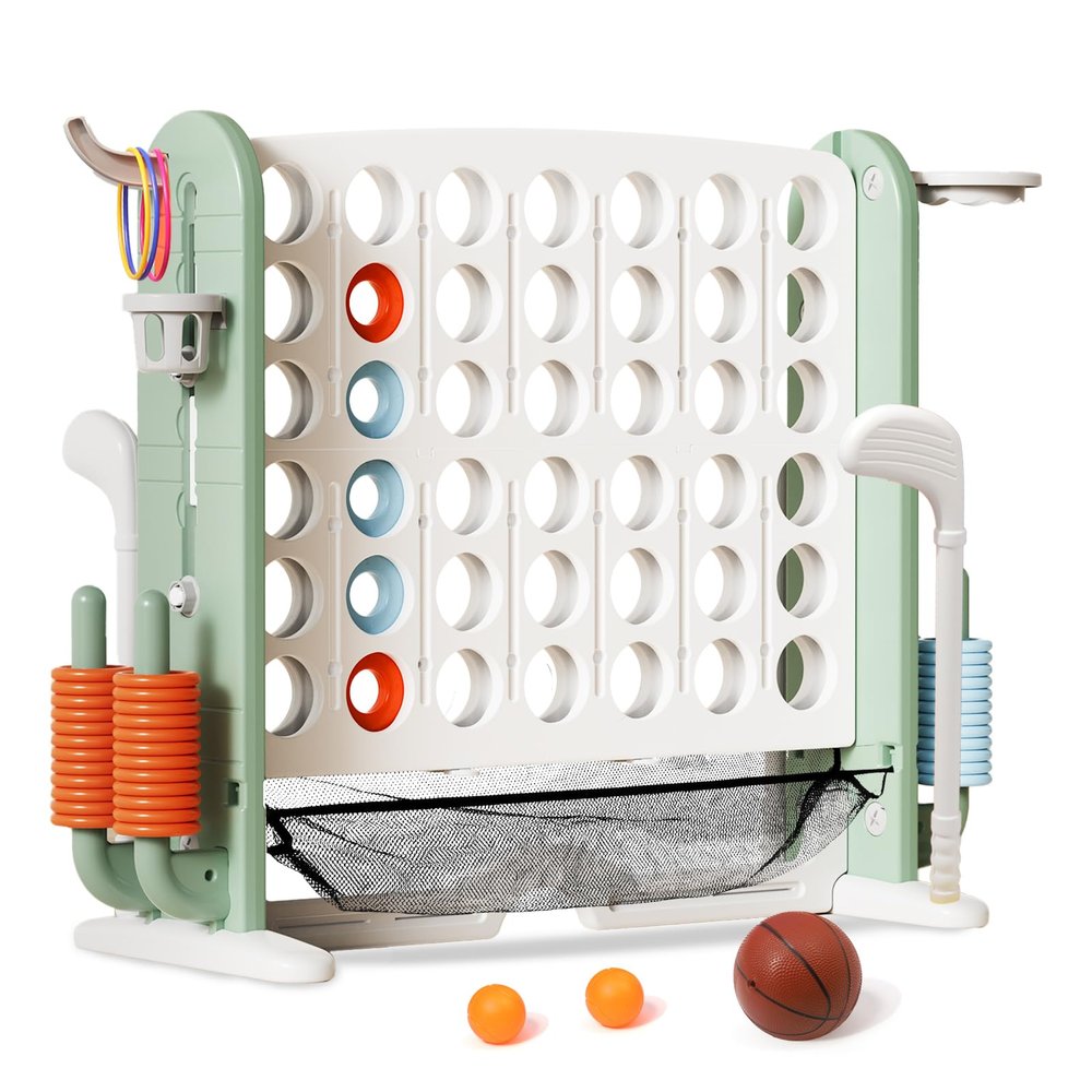 Ancaixin Giant 4 in-A-Row Connect Game Set, Adjustable Height Jumbo Yard Game with Basketball Hoop, Golf, Mesh Pocket & Ring Toss, Indoor Outdoor Family Backyard Party Game for Kids and Adults, White