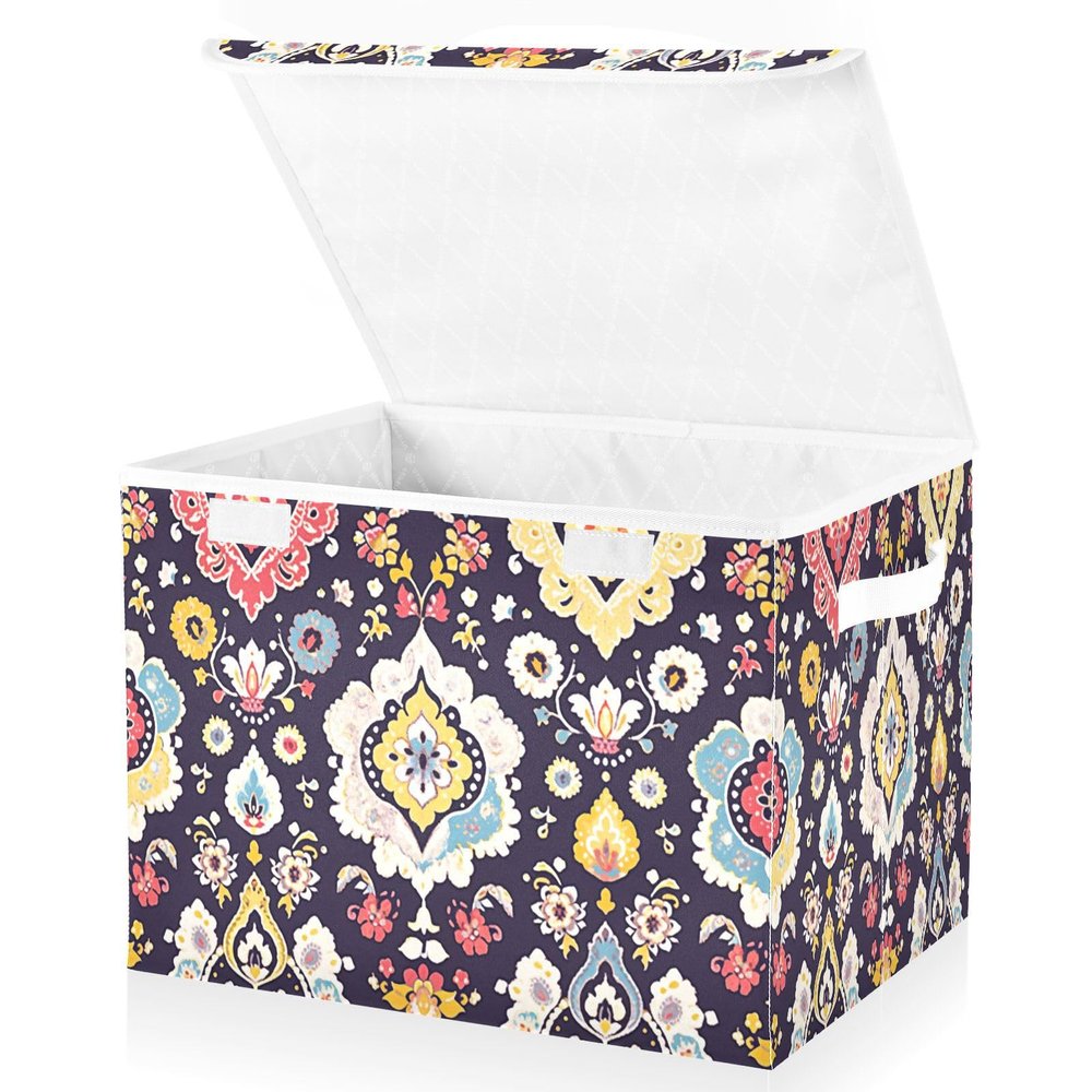 Kigai Ethnic Print Storage Boxes with Lid & Handles Collapsible Stackable Storage Bins Decorative Fabric Closet Organizer Baby Basket for Bedroom Nursery Living Room Office