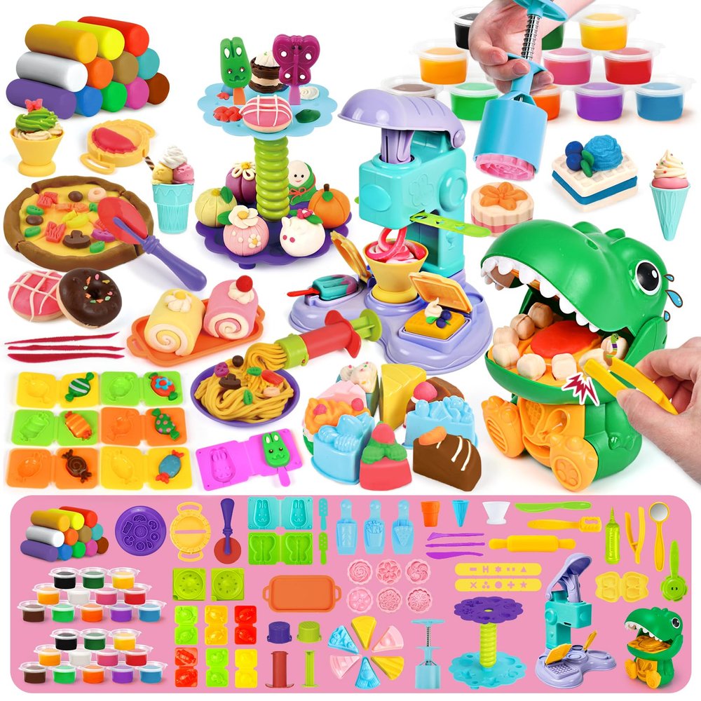 93 PCS 4 in 1 Dough Sets for Kids Ages 3-4-8, Art Crafts Dough Tools Kit, Dinosaur Dentist Playset, Ice Cream, Mooncake Maker Machine, Dessert Rack, Kitchen Creations Food Play Toys Boys Girls