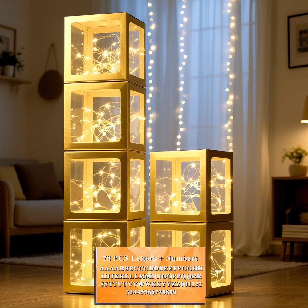 Ledido Transparent Balloon Boxes, Clear Balloon Boxes with 6 Pcs String Lights and 78 Letters for Baby Shower Gender Reveal 2026 New Year Grad Party Birthday Anniversary Bridal Decor - 6 Gold Boxes