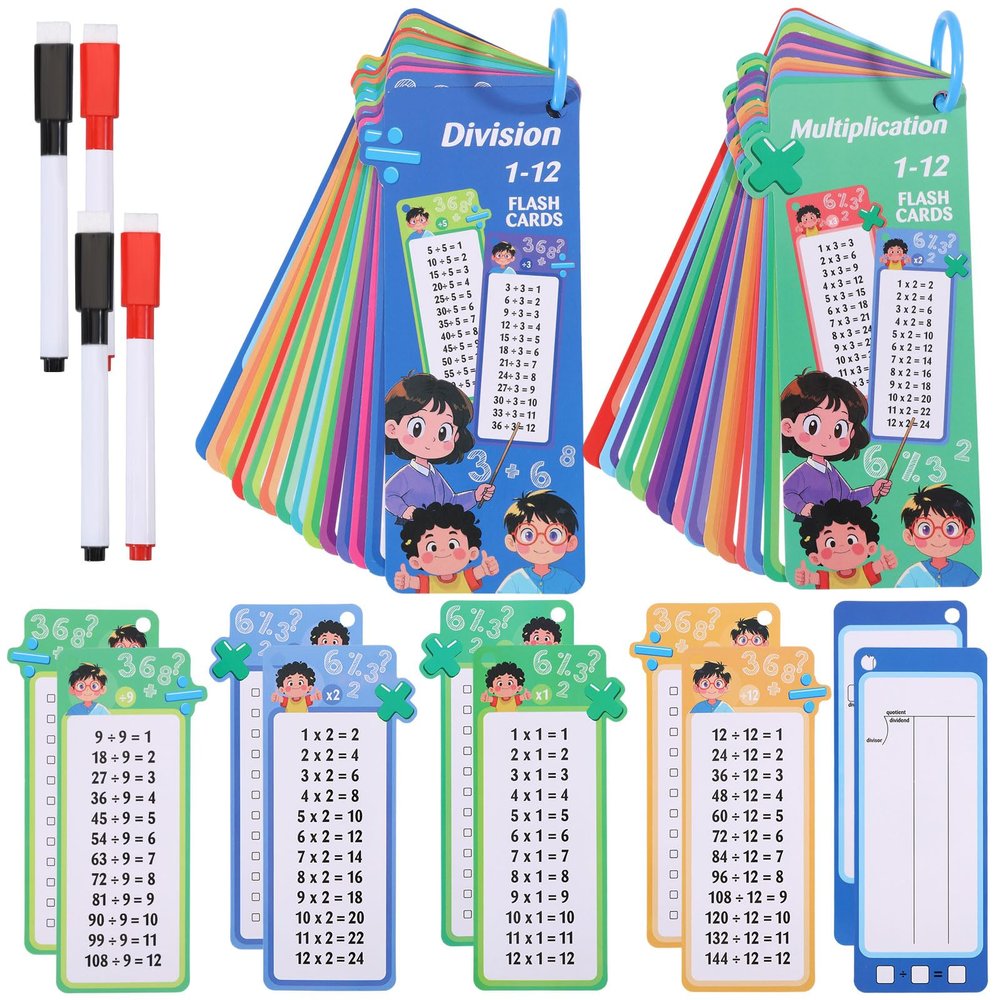 beinkmake 30Pcs Multiplication and Division Flash Cards Reusable Educational Math Sheets with 4 Dry Erase Pens 2 Rings Self Check Classroom Home Learning Aids Number Games for Grades 1 to 6