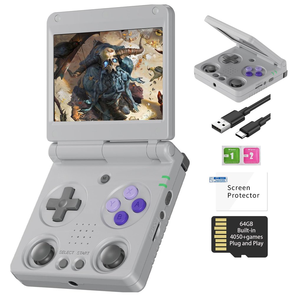 Anbernic RG34XXSP FILP Retro Handheld Game Console RG34XX SP Portable Game Console Linux 3.4 ''IPS 64G Card with 3545+Preloaded Games 3300mAh RG 34XXSP Retro Gaming Console WiFi HDMI Bluetooth Grey