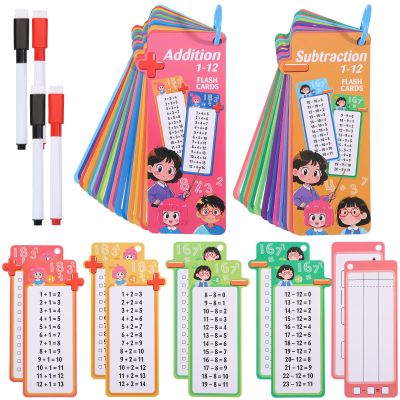 beinkmake 30Pcs Addition and Subtraction Flash Cards Reusable Math Sheets with 4 Dry Erase Pens 2 Rings Self Check Classroom Home Learning Aids Number Games for Grades 1 to 3
