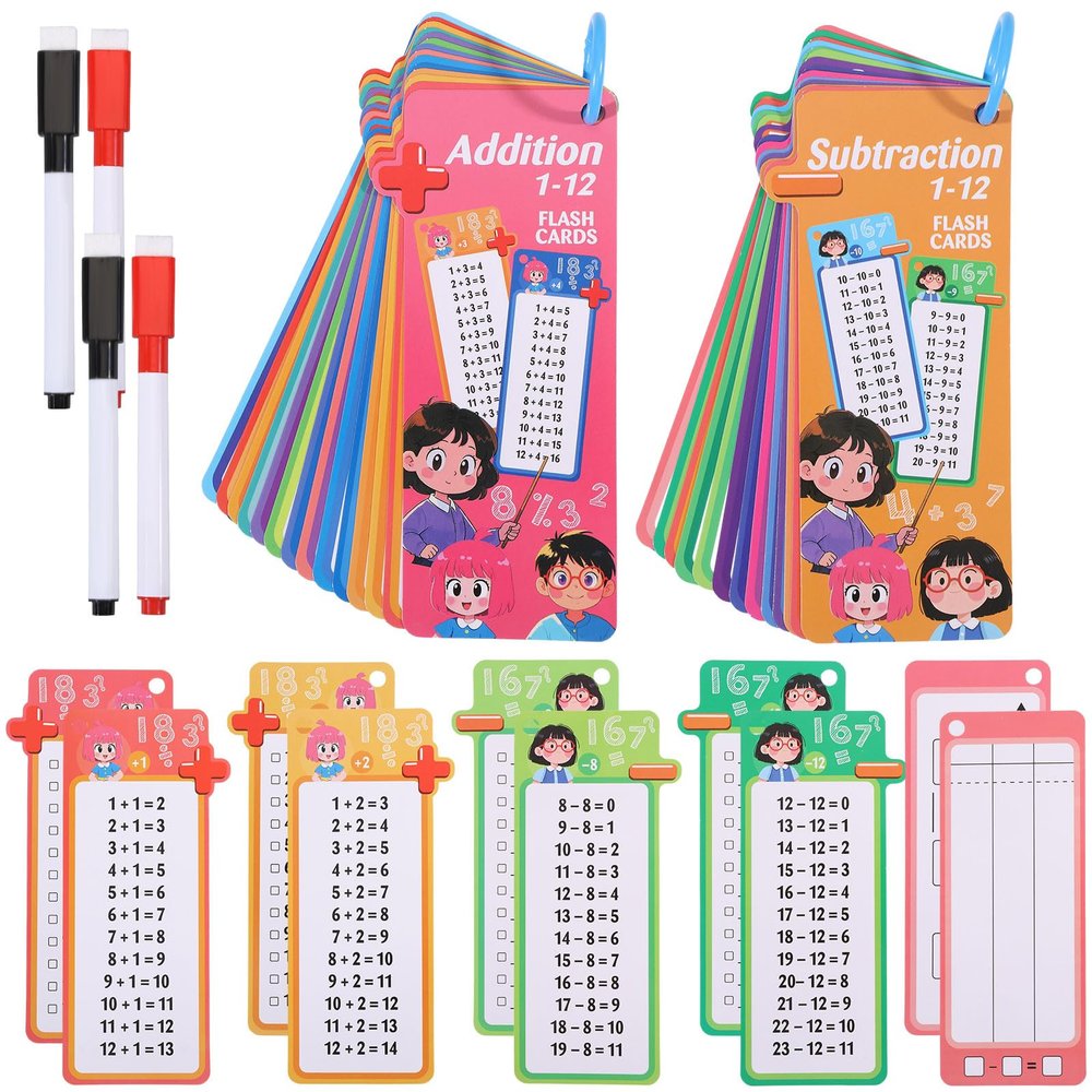 beinkmake 30Pcs Addition and Subtraction Flash Cards Reusable Math Sheets with 4 Dry Erase Pens 2 Rings Self Check Classroom Home Learning Aids Number Games for Grades 1 to 3