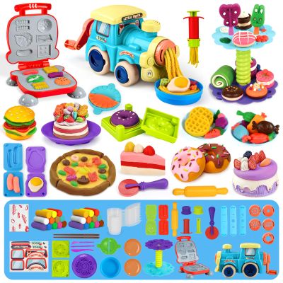 85 PCS 3 in 1 Dough Sets for Kids Ages 3-4-8, Art Crafts Dough Tools Kit, Train Engine Noodle Playset, Hamburger Machine, Dessert Rack, Kitchen Creations Food Play Toys Boys Girls