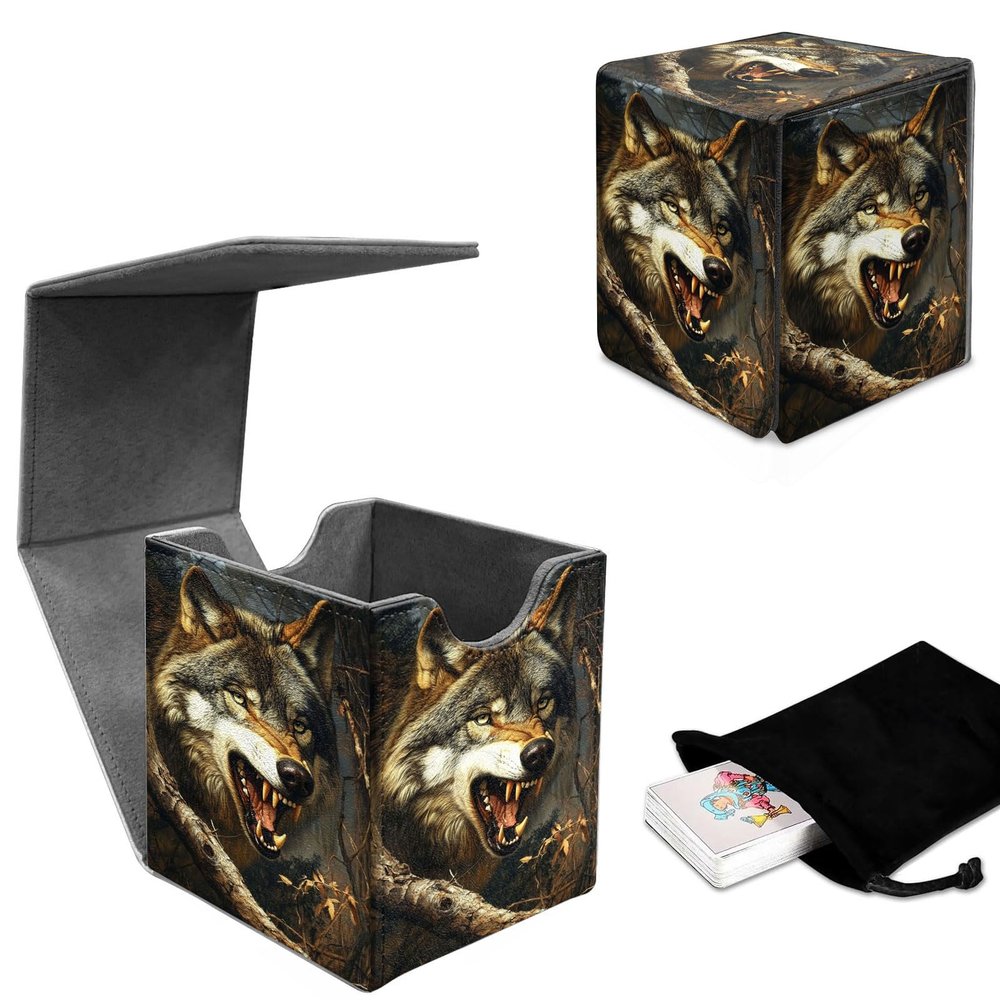 GYSYZJDH Premium MTG Deck Box Holds 120+ Sleeved Cards, PU Leather Magnetic TCG Card Deck Box for MTG, Commander, and More, Fierce Wolf