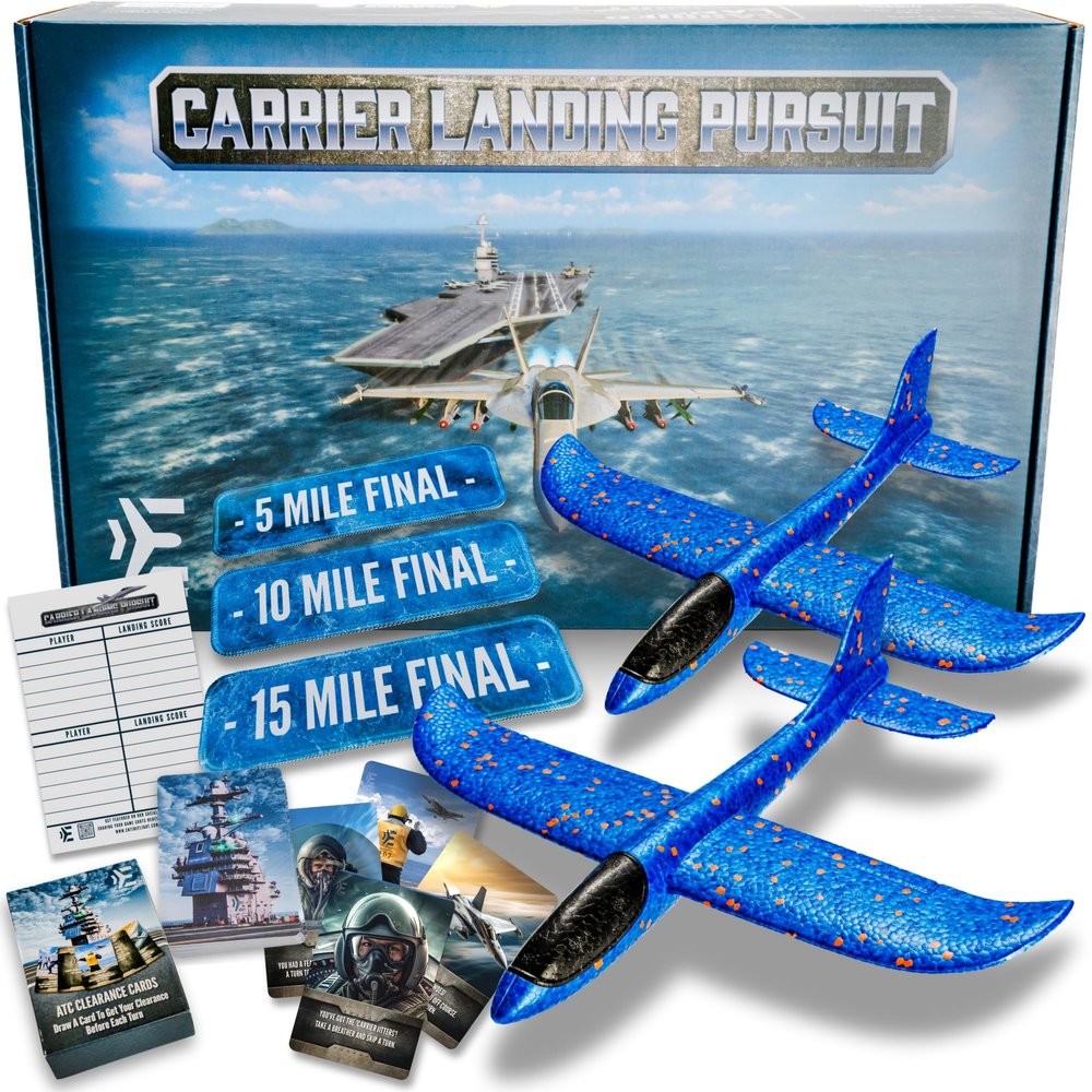EntireFlight Airplane Toy Indoor Outdoor Board Game with Foam Gliders, Aircraft Carrier Landing Challenge, Draw for ATC Clearance - Throw Airplane Glider - Hit Your Mark to Win The Game