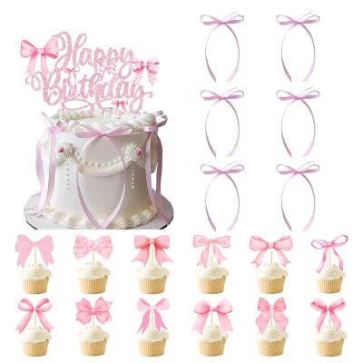 19 Pcs Ribbon Bow Cake with Stick Decoration,Black Pink Bow Birthday Cake Decorations,Ceremonial Birthday Decor,Bow Cake Top,Wedding Engagement Supplies (Pink)