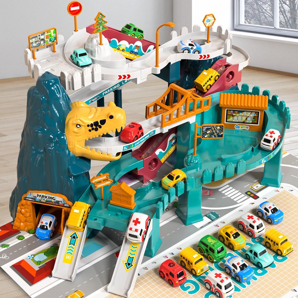 BLmukce Dinosaur Race Track Playset for Boys Kids 3-5, Dinosaur Climbing Hills Car Track Play Set with 10 Mini Racer Cars, Birthday Gift for 3 4 5 6 7 8 Year Old Boys Girls