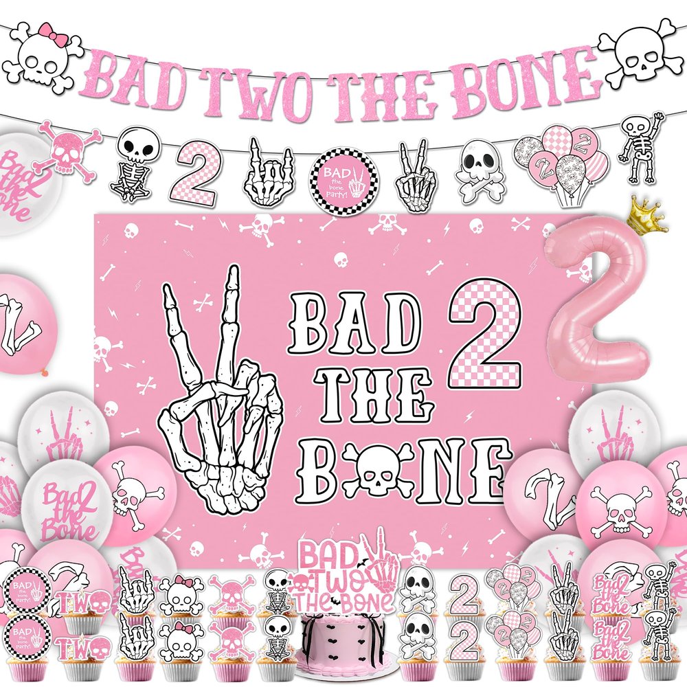 46Pcs Bad Two The Bone Party Decorations Girl Include Banner-Backdrop-Balloons-Cupcake Toppers-Cake Topper For Rock And Roll 2nd Birthday Party Decorations