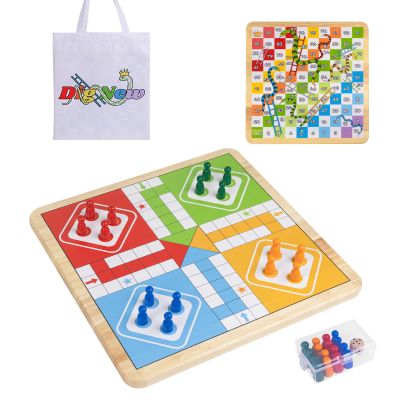 12 Inch Wooden 2-in-1 Ludo & Snakes Board Game, Reversible Travel Set with Storage Bag & Organizer Box (All-in-One Storage)