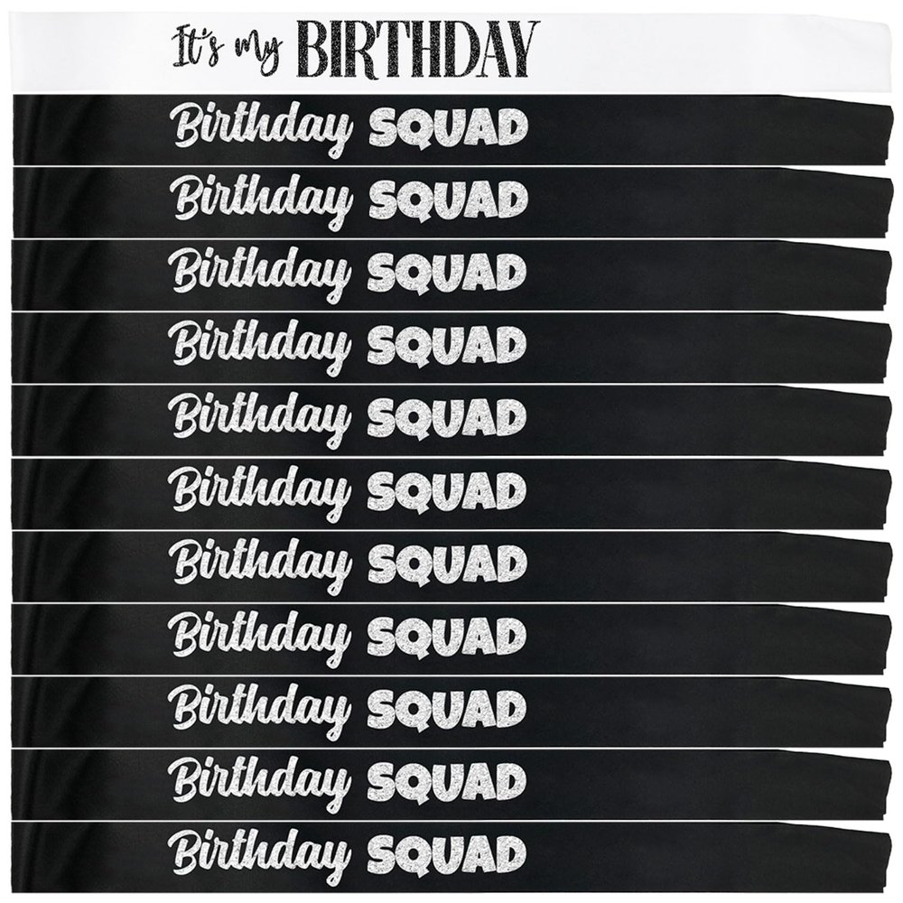 12PCS Birthday Squad Sash Black It's My Birthday Sash Glitter Letter for Women Funny Party Favors Decorations Black Silver