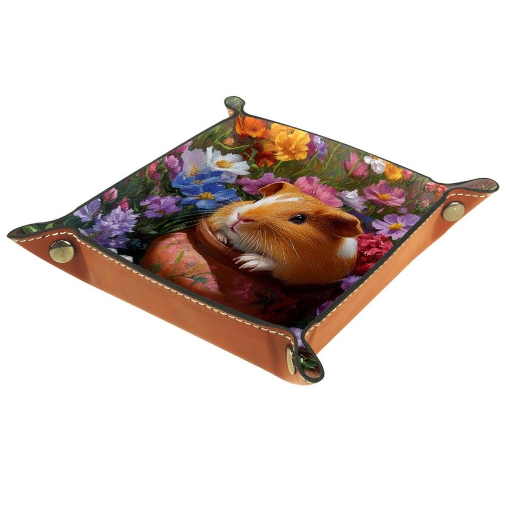 Dice Trays Guinea Pig Flowers Holder Storage Box for Dice Games Like RPG DND, Leather Dice Holder Portable Folding Rolling Dice Tray, 16x16cm