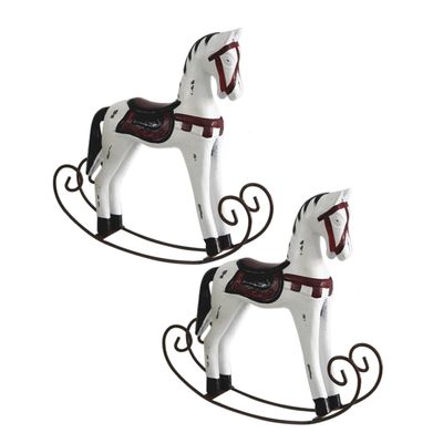 CHICAMPERA 2pcs White Wooden Rocking Horse Handmade Craft Charming Animal Desktop Adornment for Home Decor Unique Vintage Ornament for Art Lovers