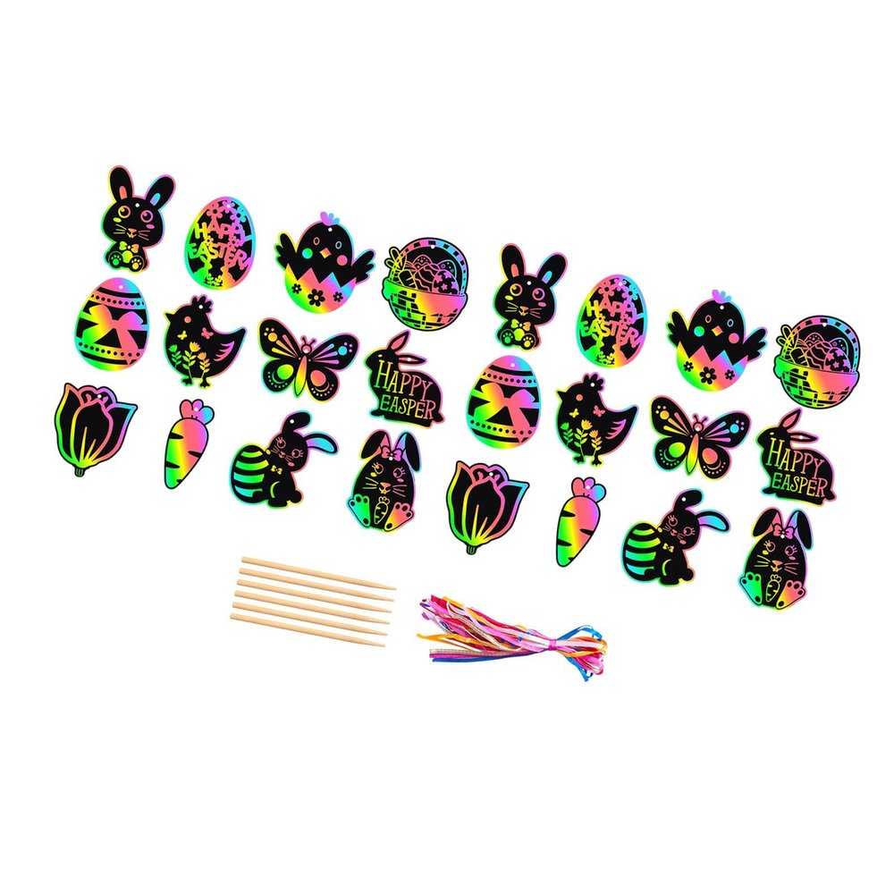 24Pcs Easter Scratch Paper Set Scratch Art Hanging DIY Decoration 6 Wooden Stick