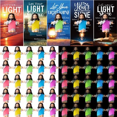 CroBlissful 50 Sets Little Jesus Figures Glow in The Dark with Let Your Light Shine Cards Luminous Mini Rubber Jesus Figurines Toys for Hide and Seek Sunday Religious Gift (Open Arms;Landscape Card)