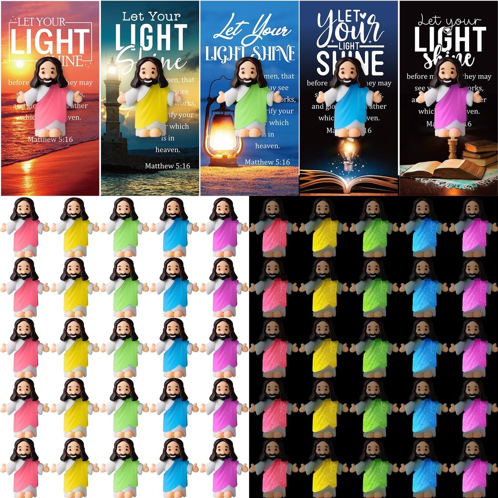 CroBlissful 50 Sets Little Jesus Figures Glow in The Dark with Let Your Light Shine Cards Luminous Mini Rubber Jesus Figurines Toys for Hide and Seek Sunday Religious Gift (Open Arms;Landscape Card)