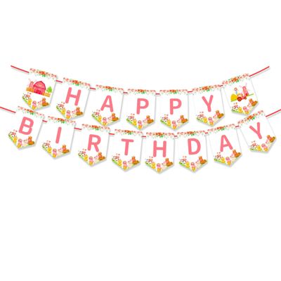 2Pcs Pink Farm Animals Birthday Party Banner Girls Farmhouse Floral Theme Happy Birthday Banner Cow Pig Donkey Banners Sign for Kids Barnyard Theme Bday Party Supplies