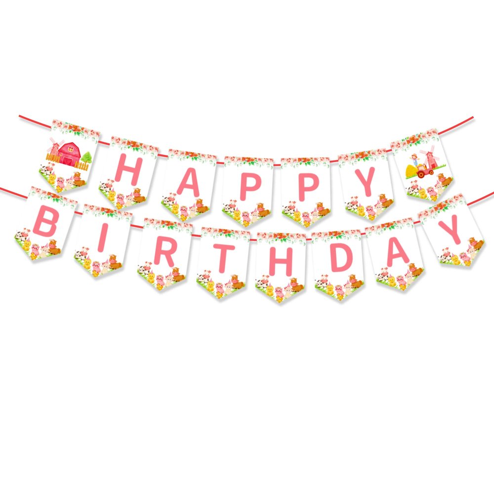 2Pcs Pink Farm Animals Birthday Party Banner Girls Farmhouse Floral Theme Happy Birthday Banner Cow Pig Donkey Banners Sign for Kids Barnyard Theme Bday Party Supplies