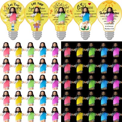 CroBlissful 50 Sets Little Jesus Figures Glow in The Dark with Let Your Light Shine Cards Luminous Mini Rubber Jesus Figurines Toys for Hide and Seek Sunday Religious Gift (Open Arms;Bulb Card)