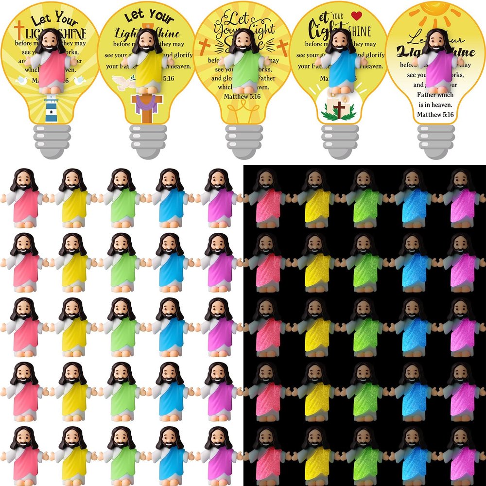 CroBlissful 50 Sets Little Jesus Figures Glow in The Dark with Let Your Light Shine Cards Luminous Mini Rubber Jesus Figurines Toys for Hide and Seek Sunday Religious Gift (Open Arms;Bulb Card)
