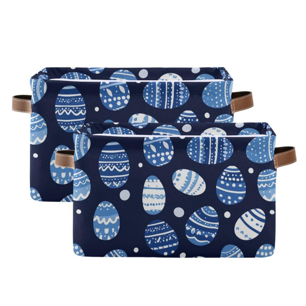 aidingzhi 2 Pack Cartoon Cute Blue and White Easter Eggs storage baskets, collapsable baskets for organizing with sturdy handle Hamper medium for cloth