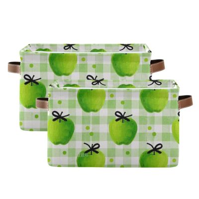 aidingzhi 2 Pack Watercolor Green Apples Plaid storage baskets, foldable fabric cube storage baskets bins with sturdy handle Hamper organize for baby