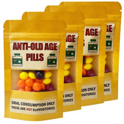 4 Pack Funny Anti-Old Age Pills (Empty Pouch)  Gag Gift for Seniors, Over the Hill Birthday, Retirement Party Favor, Joke Gift Bag for Men & Women Without Sweets
