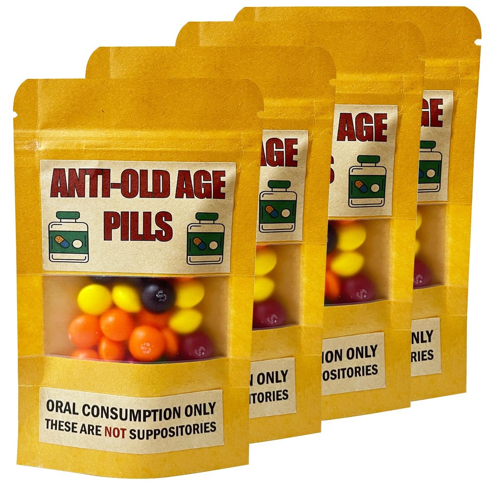 4 Pack Funny Anti-Old Age Pills (Empty Pouch)  Gag Gift for Seniors, Over the Hill Birthday, Retirement Party Favor, Joke Gift Bag for Men & Women Without Sweets